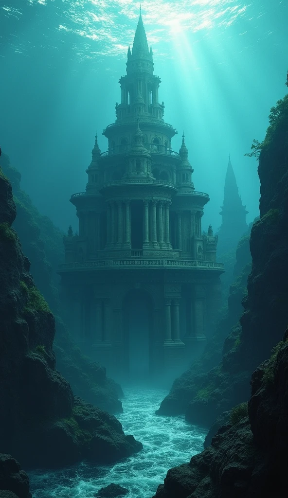 atlantis under the dark blue sea High Resolution, Masterpiece, Depth Of Field, Motion Blur, Blending,