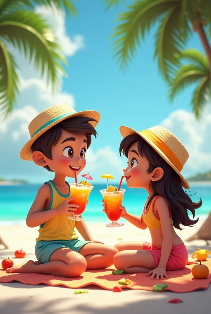 A boy with a girl drinking frutti on bikini