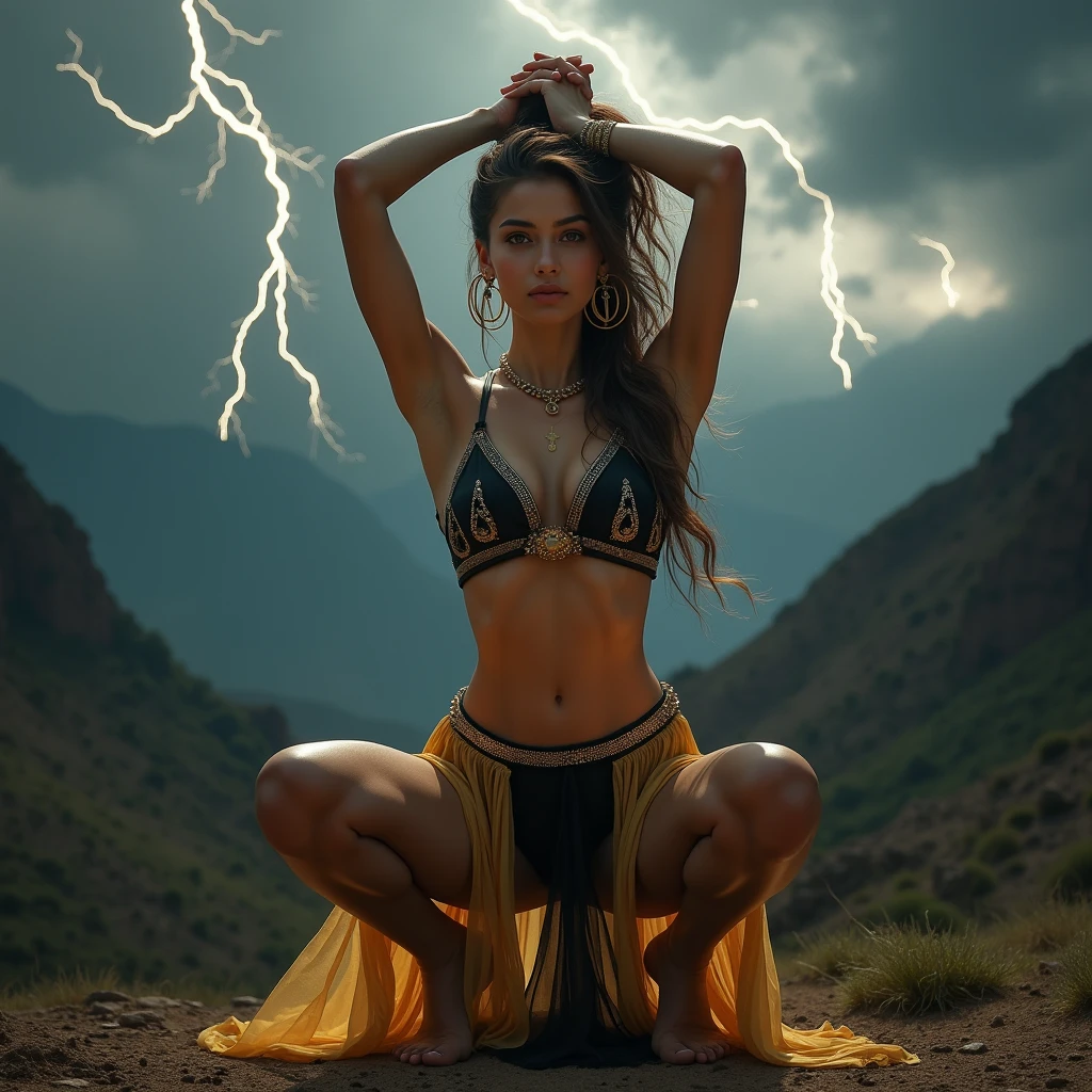 1 gorgeous nubile Persian Djinn, dressed as an erotic female genie, wearing an erotic version of the "I Dream Of Jeannie" costume with a black-and-gold-colored gossamer sleeveless halter criss cross top, with eyes open and with arms raised high above to worship her deity, and thrusting her pelvis far forward while doing extreme forward squatting, 3:4 full frontal body portrait, ((must use the young merged faces of Alice Eve and Barbara Eden into best 50/50 blend)), (eyes wide open, wide open eyes, blank stare, best detailed face, best lifelike face, best lifelike nose and eyes), Grecian upstyle hairstyle with high standing ponytail, pucker lips, pale snowy colored skin, huge hoop earrings, bodacious, playboy playmate archetype, perfect bikini body, (((unrealistically huge breasts))), very sweaty, unrealistically huge cleavage, show cameltoe, show underboobs, mindless facial expression, deeply hypnotized facial expression, deeply entranced facial expression, ((brightly lit foreground, and primeval backdrop with Intense lightning strikes and severe thunderstorms towering over misty mountains)), (RAW Photo, 12K, best quality, best masterpiece, hires, best realism, best photorealism, vivid colors and natural outdoor lighting)