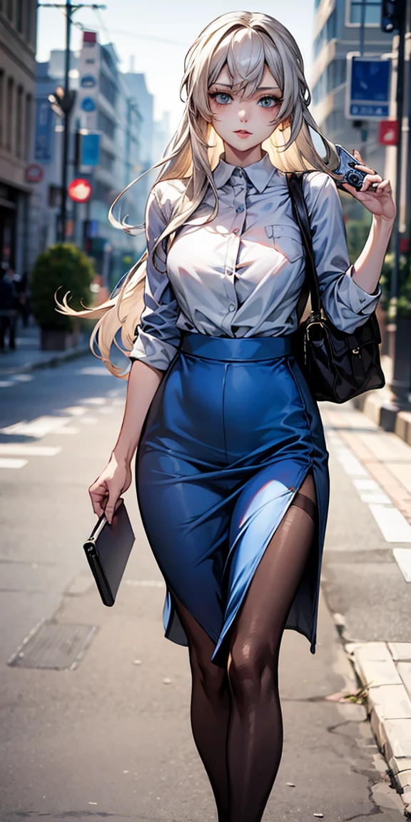 Ridiculous Resolutions, High resolution, (masterpiece:1.4), Very detailed, 1 girl,blue eyes, Long blonde hair，White Skirt, White handbag、pantyhose、street,Sexy pose, The camera is close to the body