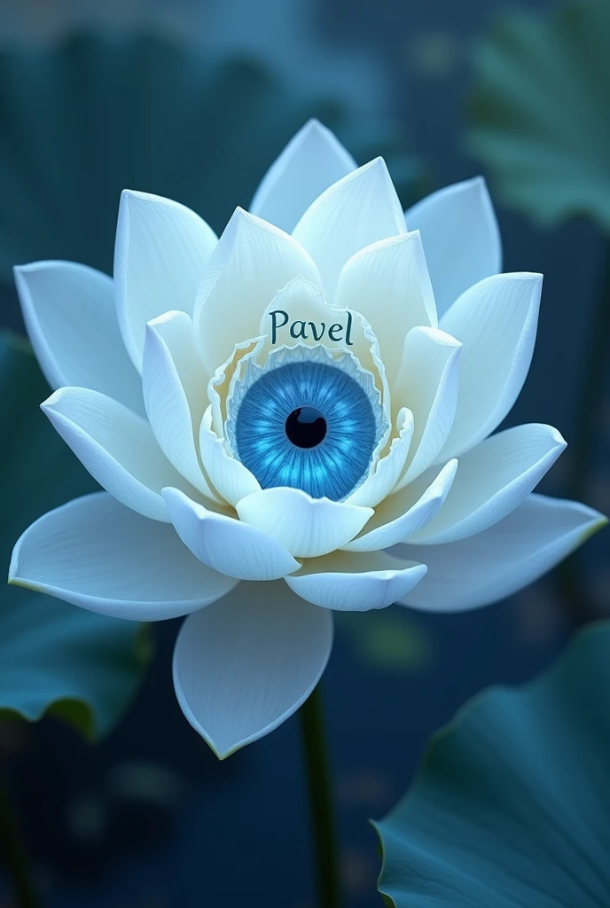 Make a white and blue lotus flower with petals that open and close in an infinite cycle with a realistic blue eye in the center and somehow put the name pavel on it