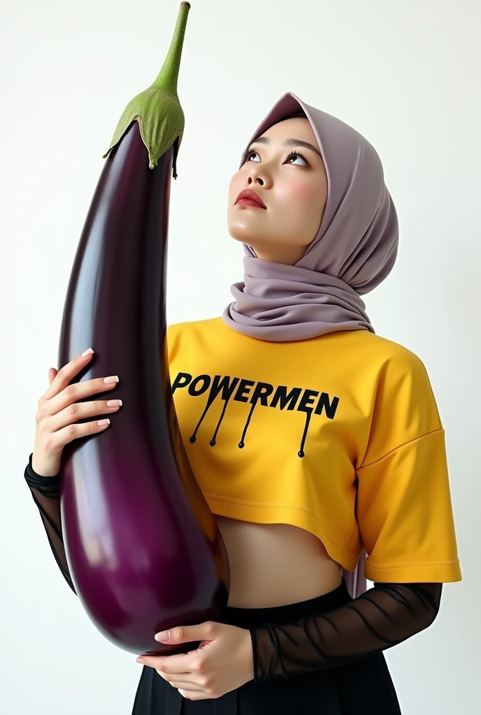 beautiful Korean woman wearing a hijab, wearing a yellow crop top with the words "POWERMEN", right hand holding a large, long eggplant, at the end of the eggplant there is thick milk dripping, left hand looking up, white begron
