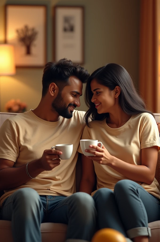 Husband and wife sitting on sofa and drinking coffee together. Husband name is Vijaya. Husband name is printed on the front side of his t-shirt. Wife name is Asha. Wife name is printed on the front of her t-shirt. Vijaya hairstyle is skin fade.