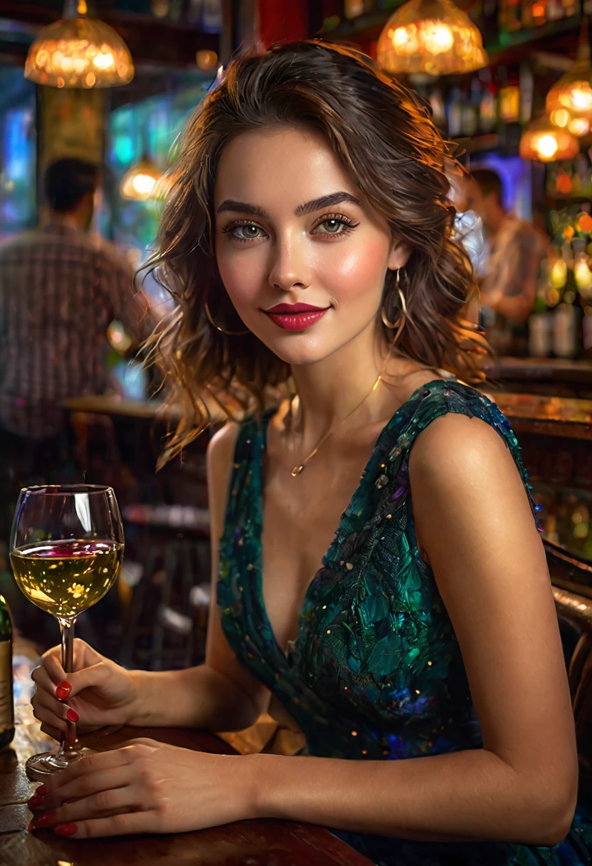 a beautiful young woman in an impressionist style bar, (best quality,4k,8k,highres,masterpiece:1.2),ultra-detailed,(realistic,photorealistic,photo-realistic:1.37),HDR,UHD,studio lighting,ultra-fine painting,sharp focus,physically-based rendering,extreme detail description,professional,vivid colors,bokeh,impressionist,Frank Weston Benson,lively women,dimly lit bar,1girl,beautiful detailed eyes,beautiful detailed lips,extremely detailed eyes and face,long eyelashes,elegant dress,joyful expression,sitting at table,glass of wine,warm lighting,atmospheric bar scene