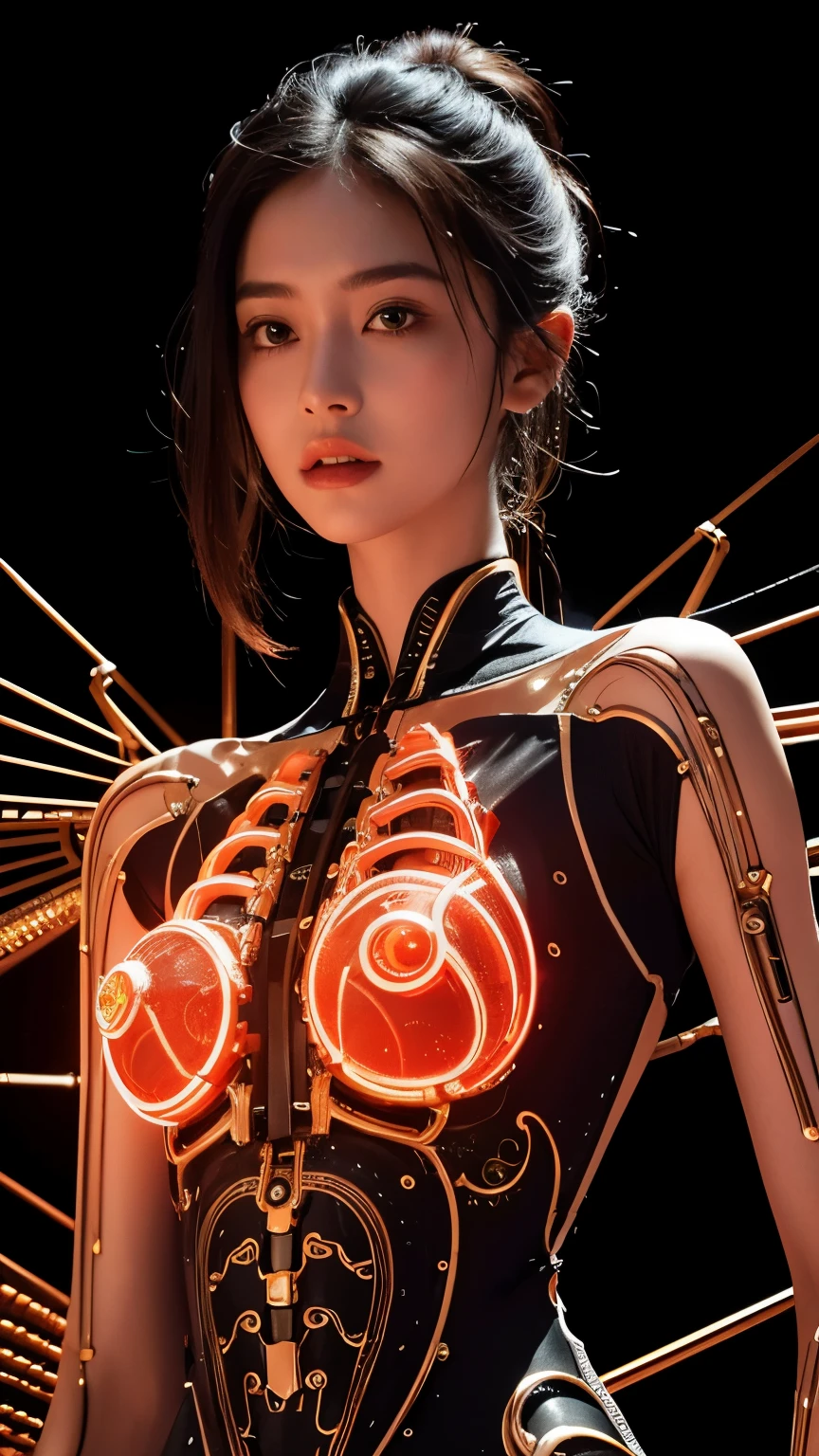 A portrait of a mechanical girl in stunning 8K resolution, meticulously detailed to the utmost realism. The scene is bathed in global illumination, casting intricate shadows that highlight the ornamental details of her metal form. Rendered with Octane rendering, the image boasts sharpness that reveals every intricate part of her construction. The color palette is cool and glowing, reminiscent of Egyptian artistry, with neon accents that add a futuristic flair. The mechanical girl's limbs and face are all machine, adorned with incredibly intricate details down to the smallest components. Her machine skin is a complex network of interconnected parts, including blood vessels merging seamlessly with tubes. She has machine hair and luminous mechanical vertebrae extending from her back, as well as a mechanical cervix attached to her neck, all emitting a soft glow. Standing amidst a sophisticated laboratory, she is connected to an intricate web of millions of wires and cables that link her head and body to various sophisticated equipment, creating a mesmerizing display of technological marvel. This composition is expected to trend highly on CGSociety for its exceptional realism and superlative attention to neon-lit and detailed mechanical elements.