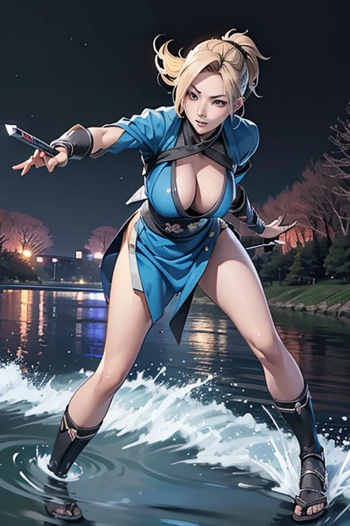Highest quality,Ultra HD,Best AI Images, Full body photo,(Beautiful face like a Japanese actress), ((Blonde 1.2)),Japan no Kunoichi, Covert behavior, Female Ninja, ((Dagger fight scene)),(Dagger fight scene1.3),portrait of japanese woman, , Trending on deviantart, ((Grey short ninja costume 1.5)),((Sexy Kunoichi,Big Breasts)), Japanese spy, Cel animation style, (Beautiful Face 1.5), Key Visual, Vibrant, (((Night river background 1.5))), Very detailed, growing up,
