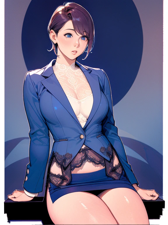 (Highest quality、4K、8k、High resolution、masterpiece: 1.2)、Very detailed、(Genuine、photoGenuineistic: 1.37)、real photo style、high intensity lighting、wide々garden、Dark blue short hair、Rosy Cheeks、Hard, Round Hips、Curvy Hips、Thin lips、Open jacket、Pencil Skirt、White lace see-through panties with a focus on technique, showing from the hem of the skirt、How to sit。