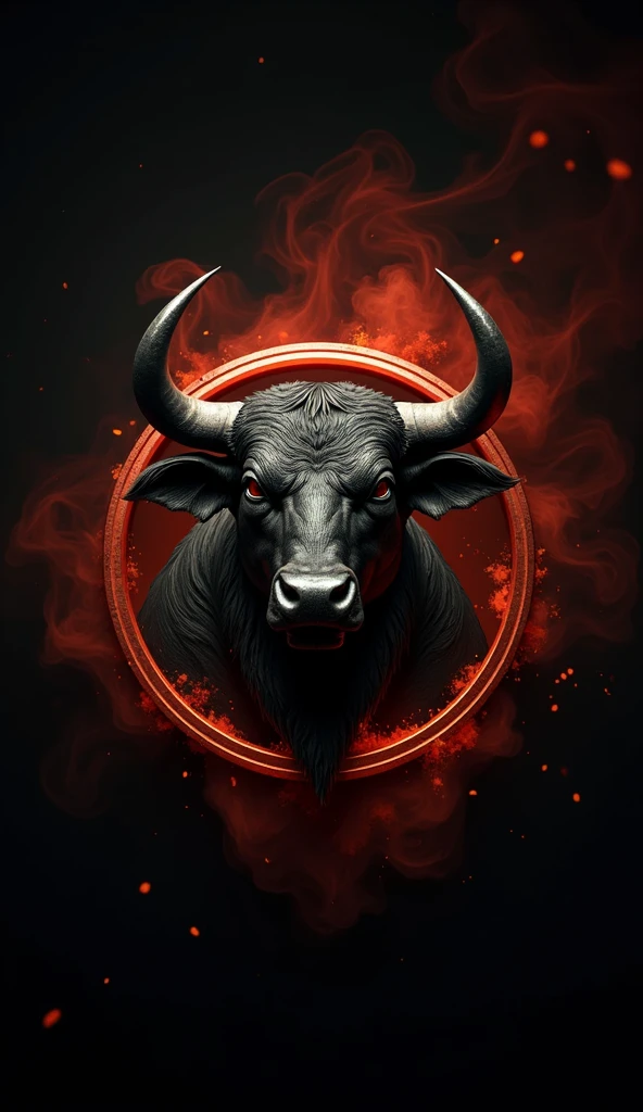 A very large and sturdy black bull head logo with very sharp horns is in a copper circle, with a red smoky background which is very realistic and photographic.