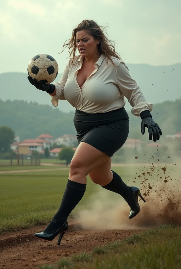 chubby soccer goalkeeper woman, (tra le mani con i guanti da portiere una palla da calcio), (masterpiece, best quality, best shadows, best shading, perfect hands, perfect face, cinematic lighting, colorful, ultra-detailed, beautiful photography, character focus, extremely-detailed, photorealistic, hyper photorealism, atmospheric), (rural destruction:1.7), (dirty, filthy, unwashed, sweaty, unkempt, angry, tired, exhausted, annoyed), ((walking, mid stride:1.2, stepping down on:1.2, stomping, crush, rampage)), (black patent Louboutin pointed toe pumps, high heels, stiletto heels), ((revealing crisp white blouse, short black pencil skirt)), (high altitude photography, satellite view), (curvy, exposed cleavage, heaving bosom, legs), (urban sprawl, farmland and small towns, destruction, buildings, roads), (((cloudy, overcast, clouds and atmosphere partly obscuring the subject:1.2, hazy atmosphere, haze in foreground, wispy clouds)))