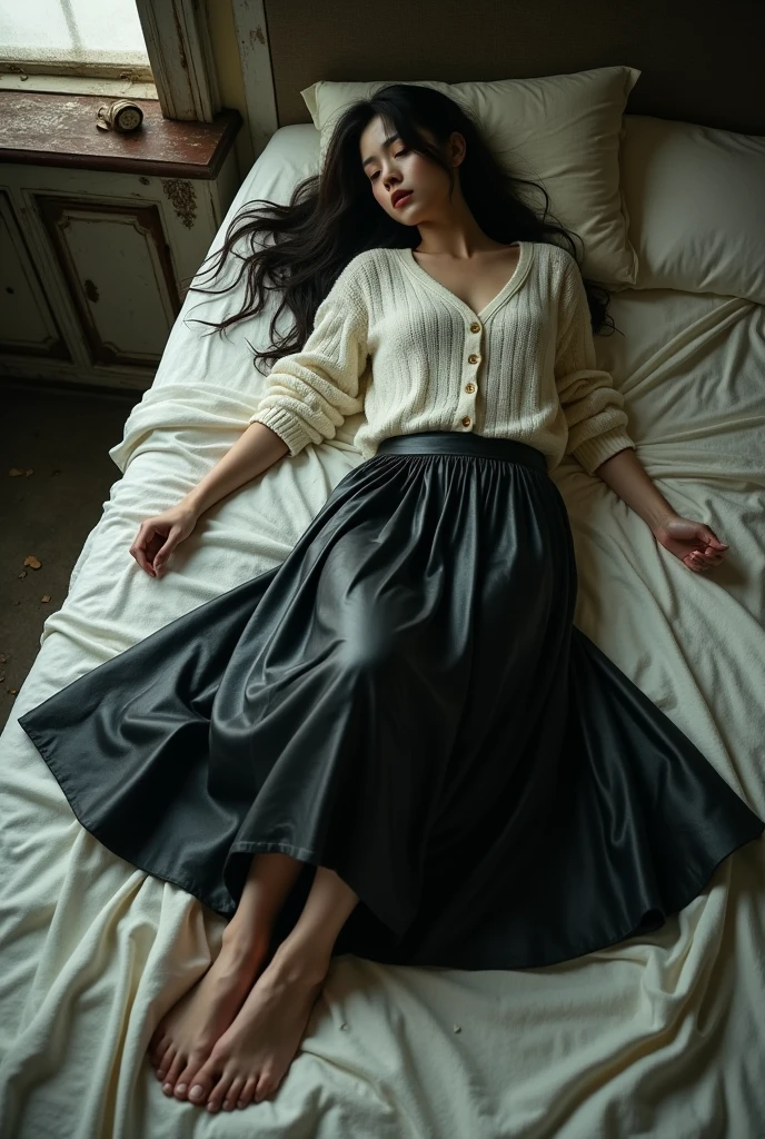A beautiful lady, asian, Japanese,
Long hair, medium height,
Lying flat on a dirty bed in a old bedroom,
Wearing a white sweater,
Wearing a black leather big a-line circle full long full skirt ankle length,
No shoes, all the clothes are damaged and dirty,
whole body photo, full body image,
Up camera view,
High resolution, HD Photo,
photographs, photo, real style, 600dpi