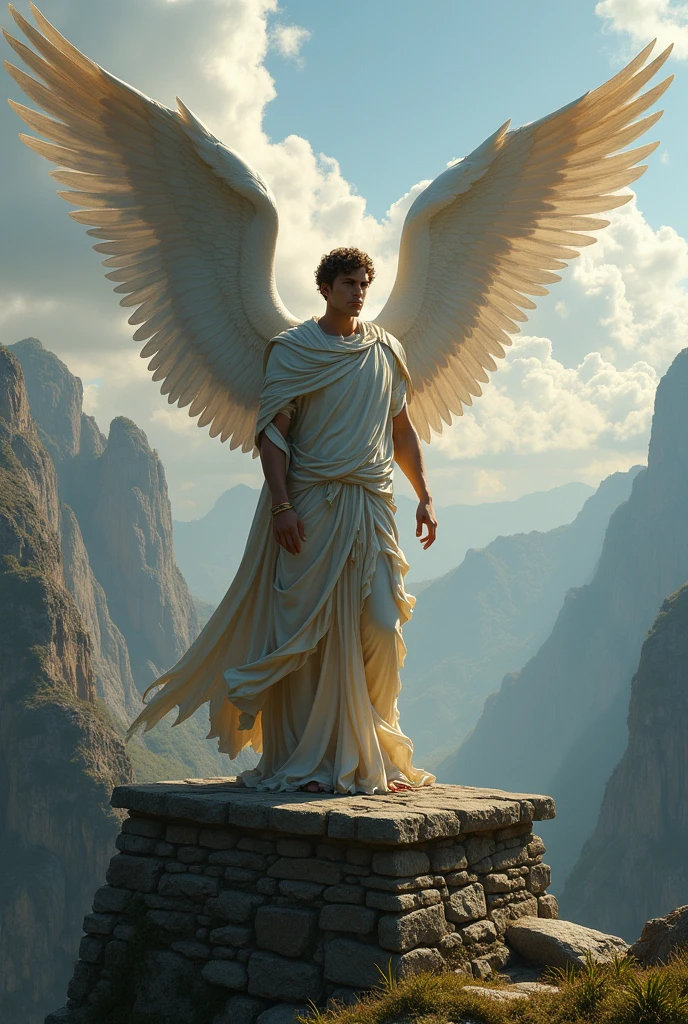 Arch Angel Michael, (divinity), crushing Lucifer under foot beneath, (firm and powerful stance, showing his mastery and control over magic and mythical creatures.),  (standing on an ancient stone platform, View from a greater distance to capture its entire body and wings in a vast mystical landscape of mountains and a castle in the background), (photorealism:1.2), ((Highest quality)), ((masterpiece)), (detailed), (masterpiece, best quality), (((Very detailed))) 