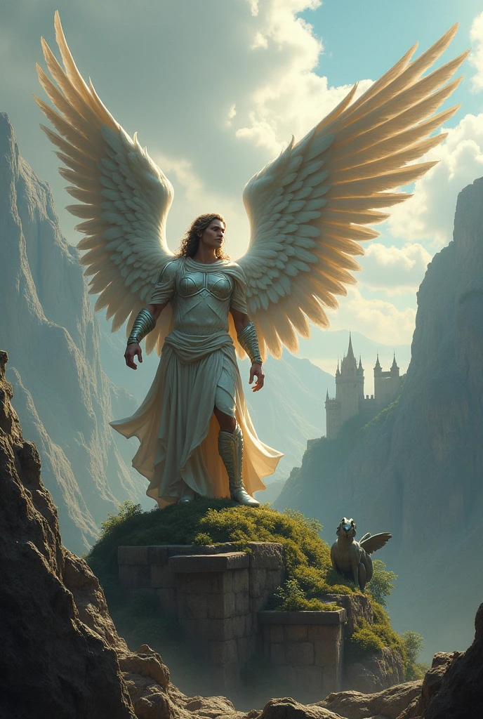 Arch Angel Michael, (divinity), crushing Lucifer under foot beneath, (firm and powerful stance, showing his mastery and control over magic and mythical creatures.),  (standing on an ancient stone platform, View from a greater distance to capture its entire body and wings in a vast mystical landscape of mountains and a castle in the background), (photorealism:1.2), ((Highest quality)), ((masterpiece)), (detailed), (masterpiece, best quality), (((Very detailed))) 