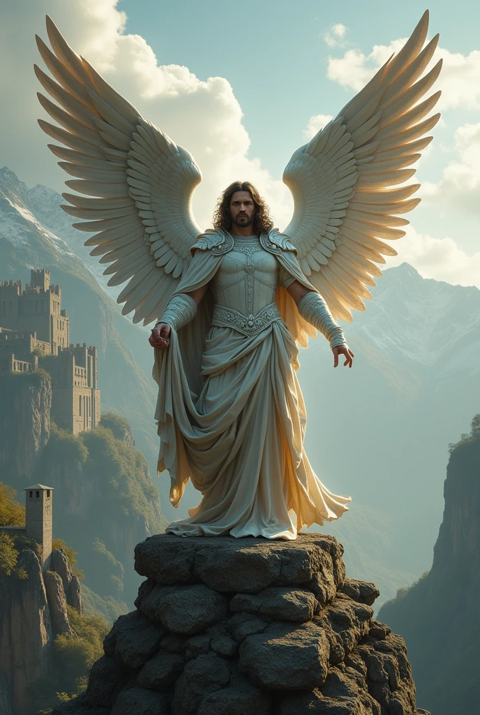 Arch Angel Michael, (divinity), crushing Lucifer under foot beneath, (firm and powerful stance, showing his mastery and control over magic and mythical creatures.), (standing on an ancient stone platform, View from a greater distance to capture its entire body and wings in a vast mystical landscape of mountains and a castle in the background), (photorealism:1.2), ((Highest quality)), ((masterpiece)), (detailed), (masterpiece, best quality), (((Very detailed)))