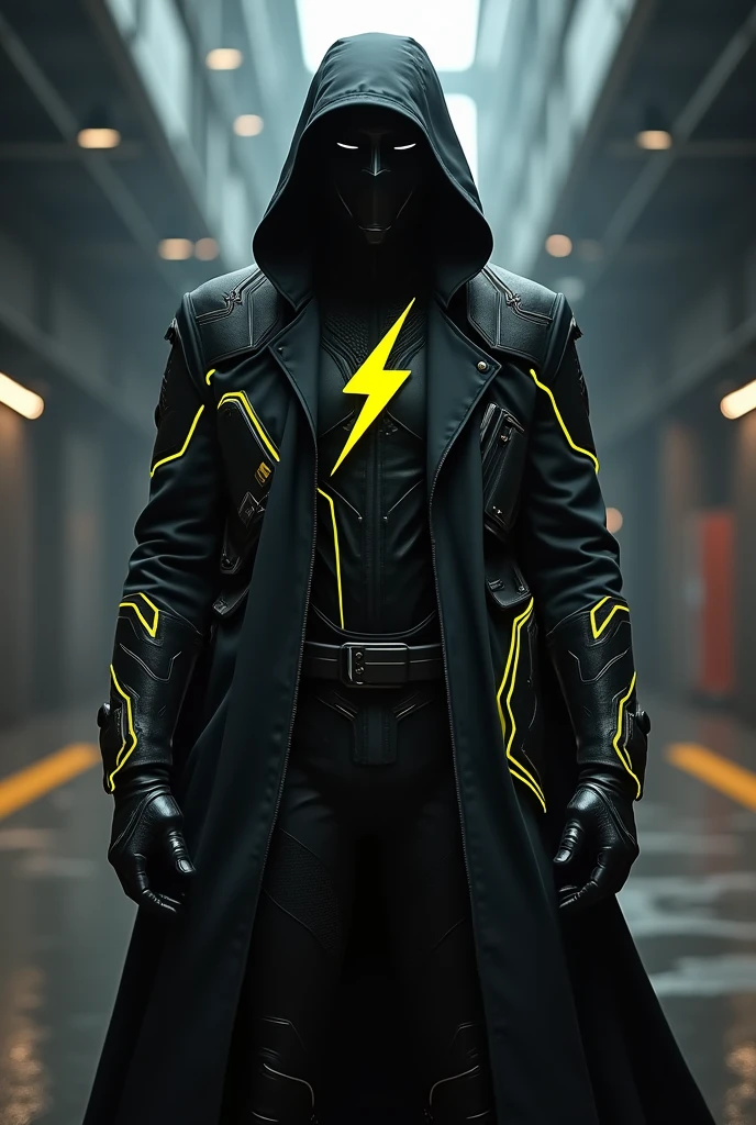 masked heroes high tech hero with black mask, black tactical suit and cover with black long trench coat with many neon yellow lining pattern, yellow neon EYE and with neon yellow lightning logo on his chest