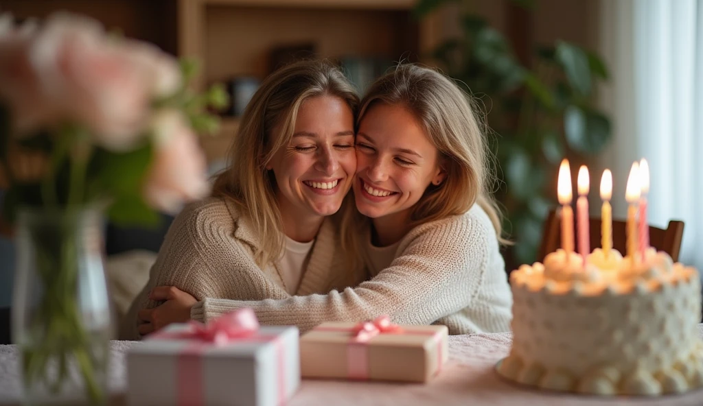 Imagine a warm and inviting scene that represents the heartfelt moments shared between a mother and child. The image should include elements like a cozy home setting with soft lighting, where a mother is lovingly embracing her adult child, both smiling and content. A birthday cake on the table and a beautifully wrapped gift can also be present to signify a celebration. The background might feature a vase of fresh flowers, adding a touch of elegance. The overall mood should convey warmth, love, and the special bond that exists between a mother and her child on this meaningful occasion.