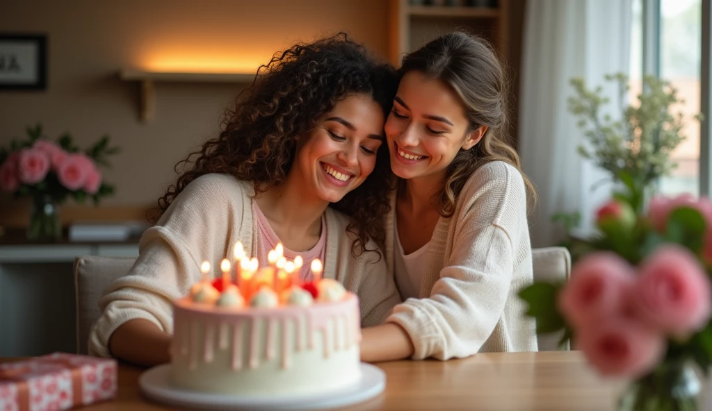 Imagine a warm and inviting scene that represents the heartfelt moments shared between a mother and child. The image should include elements like a cozy home setting with soft lighting, where a mother is lovingly embracing her adult child, both smiling and content. A birthday cake on the table and a beautifully wrapped gift can also be present to signify a celebration. The background might feature a vase of fresh flowers, adding a touch of elegance. The overall mood should convey warmth, love, and the special bond that exists between a mother and her child on this meaningful occasion.