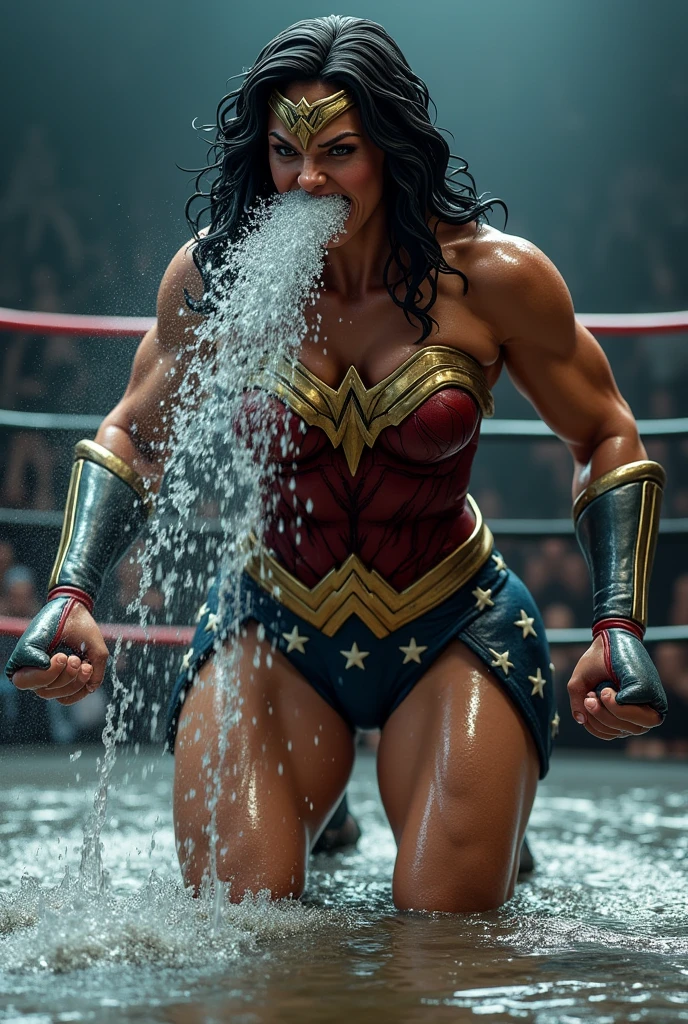 A very Sweaty muscular Wonder Woman is vomiting in the ring, she spits out lot of visible water repeatedly. Lot and Lot of water continously dropping from her mouth to the floor. There is lot of sweat on her muscular body.