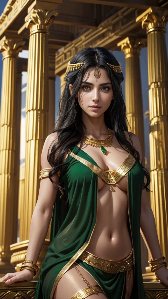 (A Gorgeous 30-Year-Old Greek Female Goddess), (Messy Long Black Hair:1.2), (Green Eyes), (Fair Skin), (Wearing Green Revealing Maiden Attire with Golden Jewelries:1.4), (Greek Temple at Night:1.2), (Elegant Pose:1.4), Centered, (Half Body Shot:1.4), (View From Front:1.4), (Chiaroscuro Lighting), Photo Realism, Intricate Face Detail, Intricate Hand Details, Cinematic, Realistic and Vibrant Colors, Highly Detailed, Incredibly Realistic Environment and Scene, Master Composition and Cinematography, 8k, Trending on Artstation--Style Raw