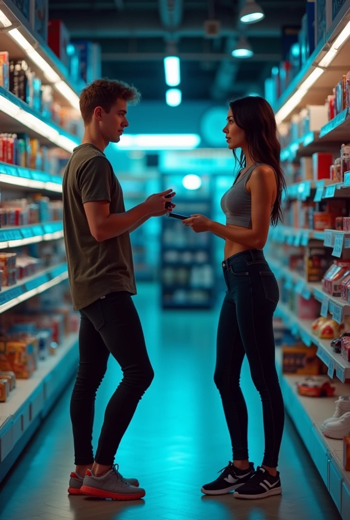 boy shopping with sexy woman wearing tight leggings with perk ass in toy shop, the boy asked the sexy woman for a toy by hypnotizing the woman, the boy controls the woman with a remote control in his hand, the woman's eyes glowed blue because they were controlled by the boy