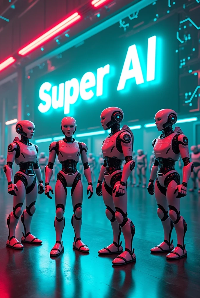 Create a vibrant image featuring a diverse group of futuristic AI robots, each showcasing unique designs and characteristics that reflect advanced technology. The robots should be engaging in various dynamic poses, conveying a sense of teamwork and collaboration. Prominently display the letters "O.XYZ" in a sleek, modern font, integrated seamlessly into the scene. For the background, use a large, expansive design that includes the words "Open AI" and "Super AI" in bold, eye-catching letters. The overall color palette should combine neon blues, greens, and metallic shades to emphasize a high-tech atmosphere, with subtle circuit patterns fading into the backdrop to enhance the futuristic theme.