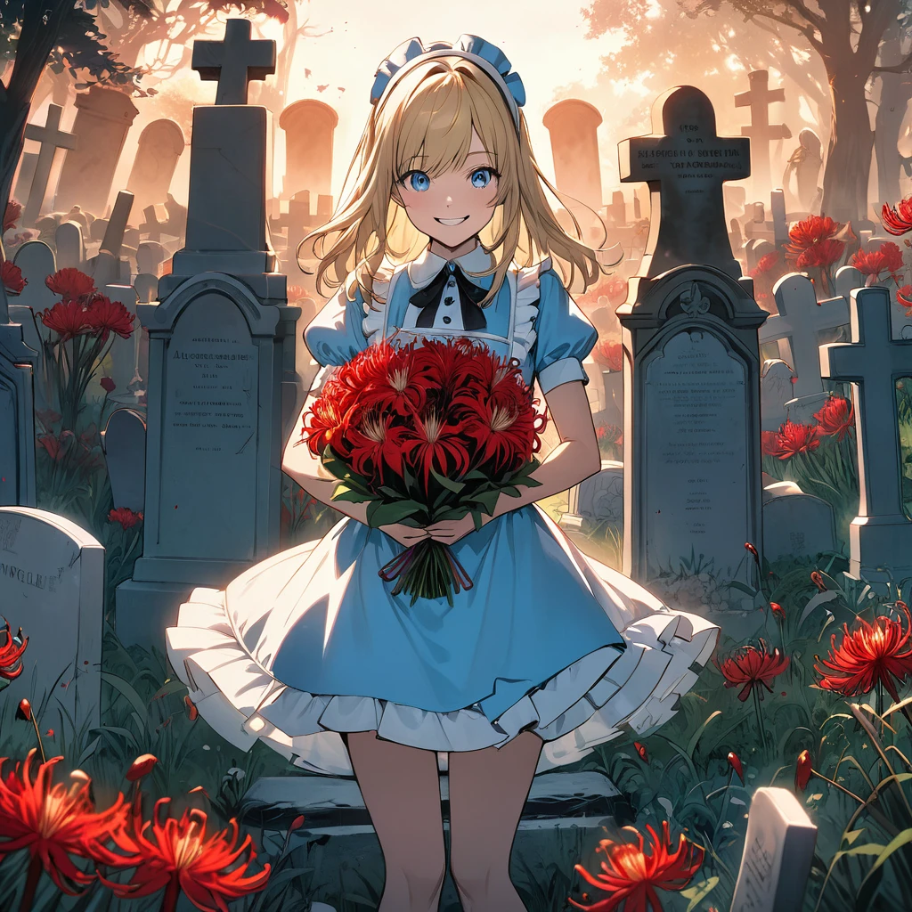 A masterpiece, boldly drawn anime-style illustrations, detailed drawings, humorous and crazy, cinematic lighting, a cemetery, Alice, the heroine of "Alice in Wonderland", visiting a grave, holding a bouquet of red spider lilies in both hands. An invincible smile, even the dead are delighted.