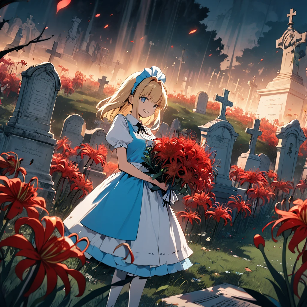 A masterpiece, boldly drawn anime-style illustrations, detailed drawings, humorous and crazy, cinematic lighting, a cemetery, Alice, the heroine of "Alice in Wonderland", visiting a grave, holding a bouquet of red spider lilies in both hands. An invincible smile, even the dead are delighted.
