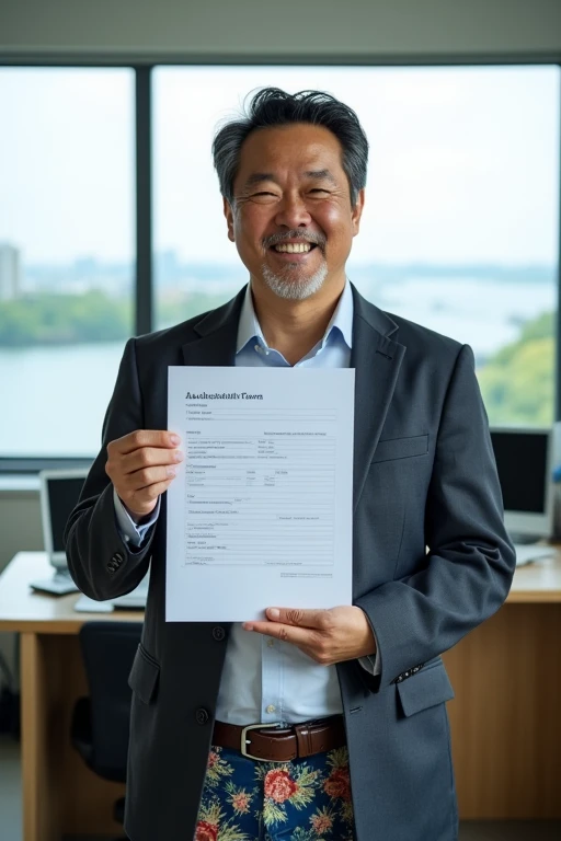Profile photo of a 40-year-old Japanese man looking into the camera. He is wearing a suit above., under old floral pants, wrinkled. Uncle smiled brightly, holding a job application form towards the camera as if inviting attendees. Behind him is the office scene with a window view overlooking the park next to the sea..
