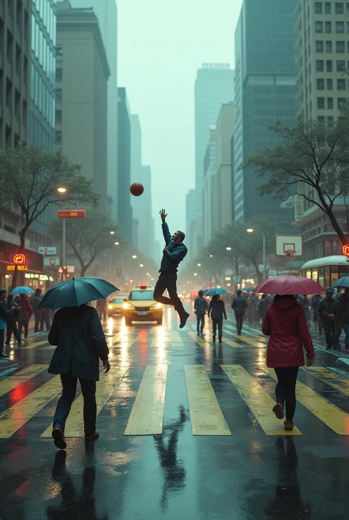 The scramble crossing , wide shot, rain, people passing by, cars and buses, slam dunk, retro, pastels,