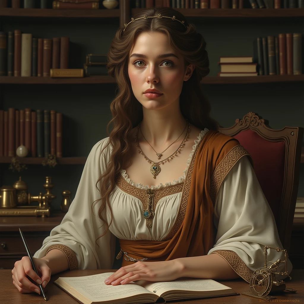 a beautiful greek female mathematician, philosopher and astronomer, hypatia of alexandria, detailed portrait, intricate hairstyle, piercing eyes, elegant facial features, flowing robes, sitting at a desk surrounded by books and astronomical instruments, ambient lighting, muted color palette, photorealistic, detailed rendering, cinematic composition, masterpiece