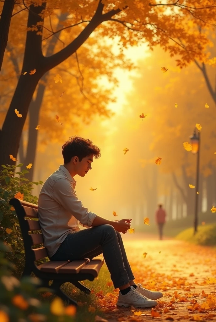 Prompt 2: In a golden-hued park, a young man sits on a bench, looking down at his watch and then gazing toward the entrance of the park. His expression is a mix of excitement and nervousness, as if he’s sure the woman he loves will arrive any moment. The leaves around him are golden and gently falling, adding a sense of magical anticipation to the scene.