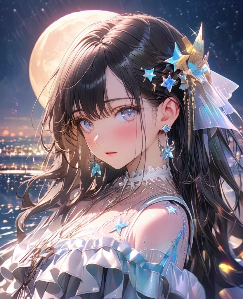 8k,Ephemeral beauty,Very delicate and beautiful,Beautiful and realistic skin,Shiny Hair,Glossy Black Hair、Long and colorful hair,Beautiful Eyes,Beautiful night sky、full moon、shy、White frilly outfit、NOhair accessory、 Hair half up、Star Pin、Earrings