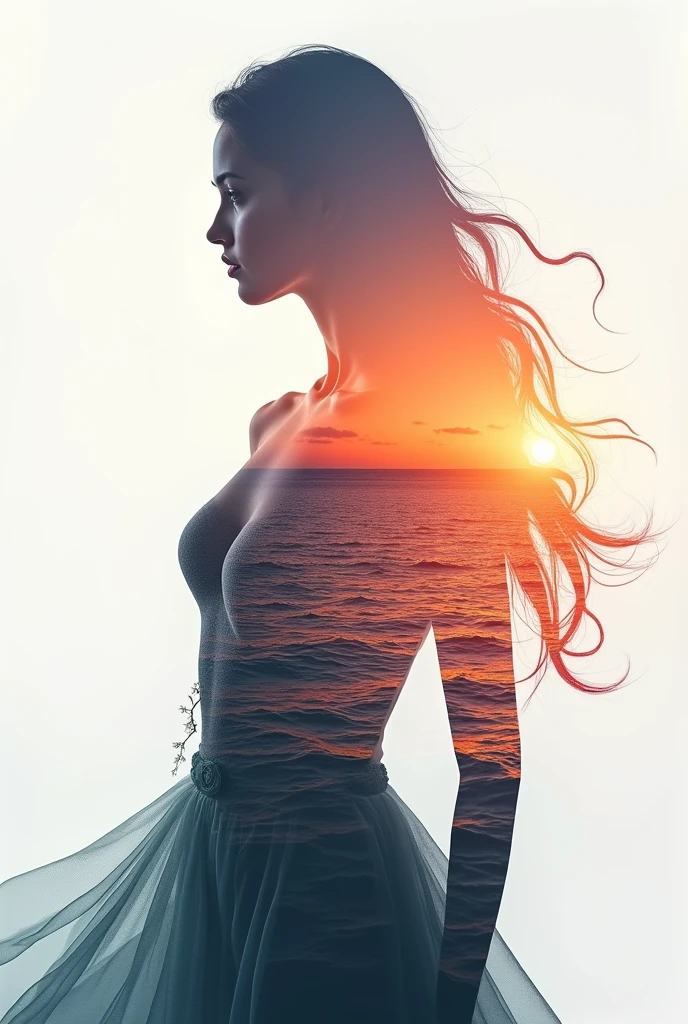 high quality, 8K Ultra HD, A beautiful double exposure that combines an goddess silhouette with sunset coast, sunset coast should serve as the underlying backdrop, with its details incorporated into the goddess , crisp lines, The background is monochrome, sharp focus, double exposure, by yukisakura, awesome full color,
