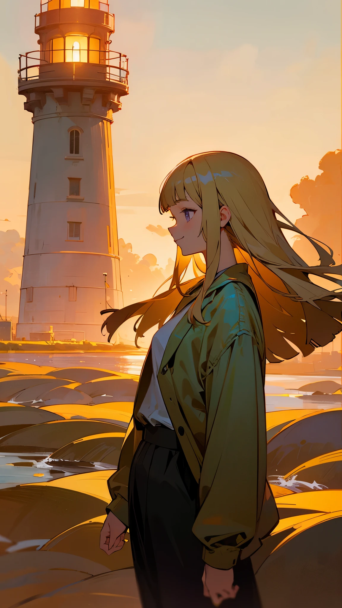 1 girl、alone、impression、(Oil)、Green and orange tones、blonde、Blunt bangs、Straight hair、Purple eyes、one piece、Long sleeve、profile、smile、Cowboy Shot、Golden hour sky、Near the lighthouse