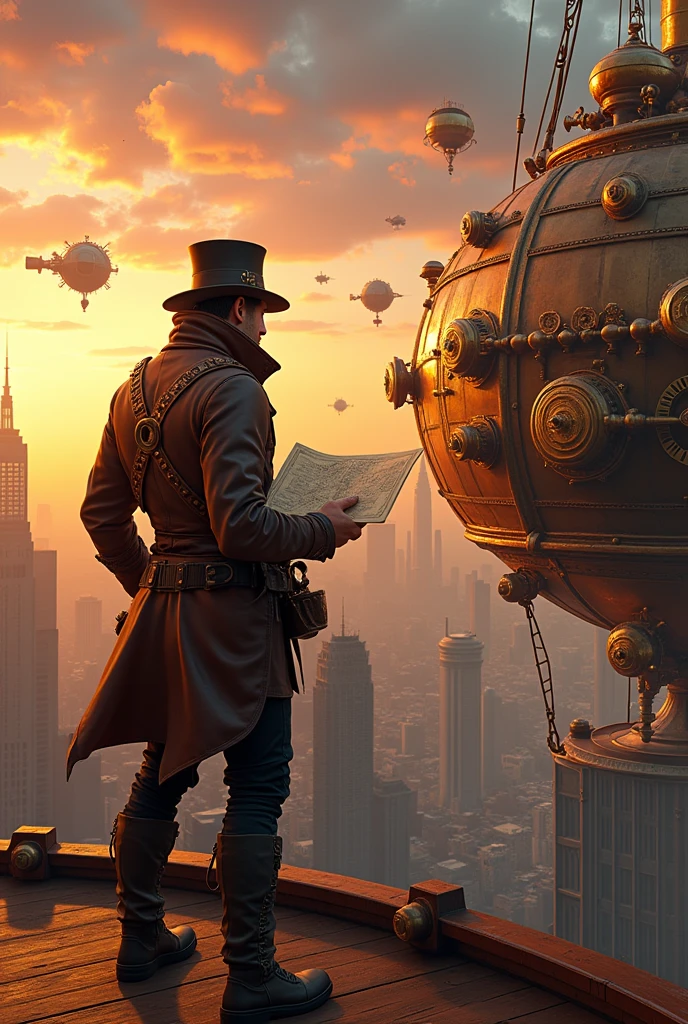 "In a sprawling, Victorian-era cityscape bathed in the golden glow of sunset, a daring steampunk adventurer stands on the deck of an intricately designed airship, its bronze and copper machinery gleaming against the backdrop of towering, gear-laden skyscrapers. The adventurer, clad in a mix of leather and brass with a top hat and goggles, surveys the horizon with a map in hand. Below, the streets are bustling with steam-powered carriages and clockwork robots, while the sky is filled with other airships and flying contraptions. The scene is alive with the vibrant hues of dusk, casting a nostalgic yet thrilling atmosphere over the mechanical marvels and adventurous spirit of the age.