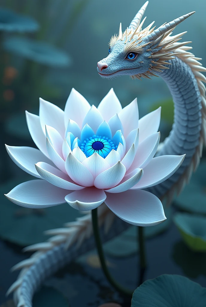 Make a white and blue lotus flower with petals that open and close in an infinite cycle with a realistic blue eye in the center and somehow put the name pavel on a dragon that complements the flower