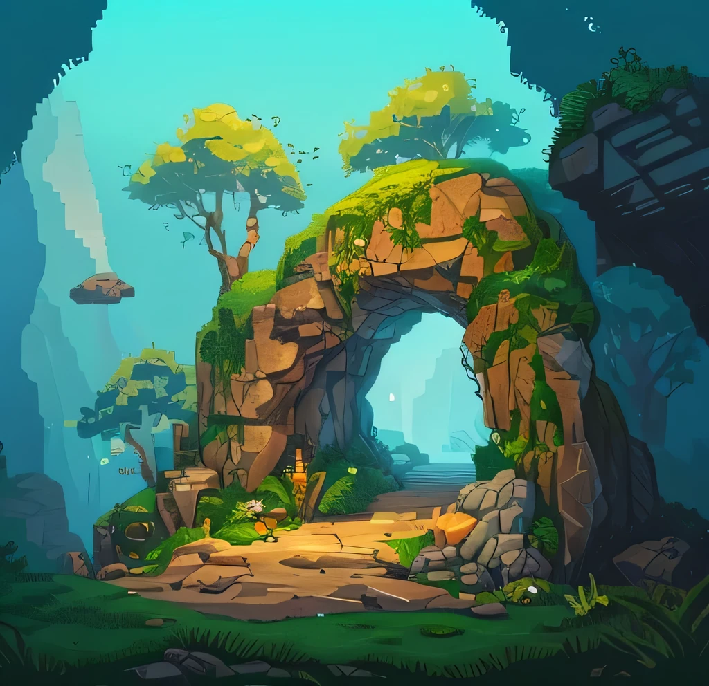 Cave entrance,Mysterious, Daytime,Lots of rocks in the background,moss,wood,pixelart style