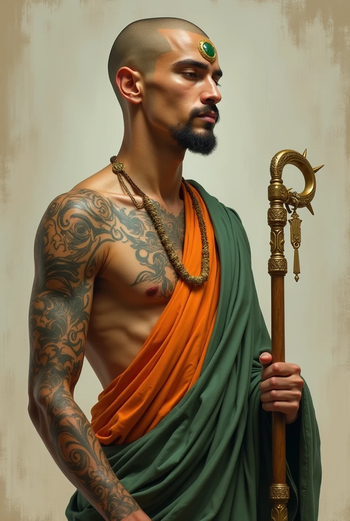 (painting), A young, latino, handsome, calmed , with tattoos of hands and eyes all over his body, shaved head , a beautiful jade gem in his forehead, wearing an orange and green gown and is holding a staff