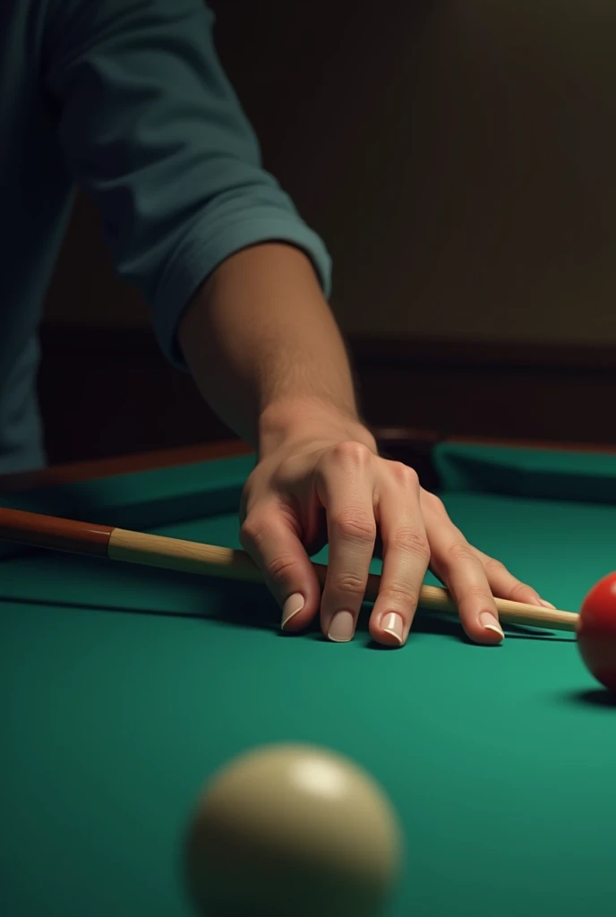 playing billiards, show the hands only holding the stick, man, 23years old, handsome hand, realistic