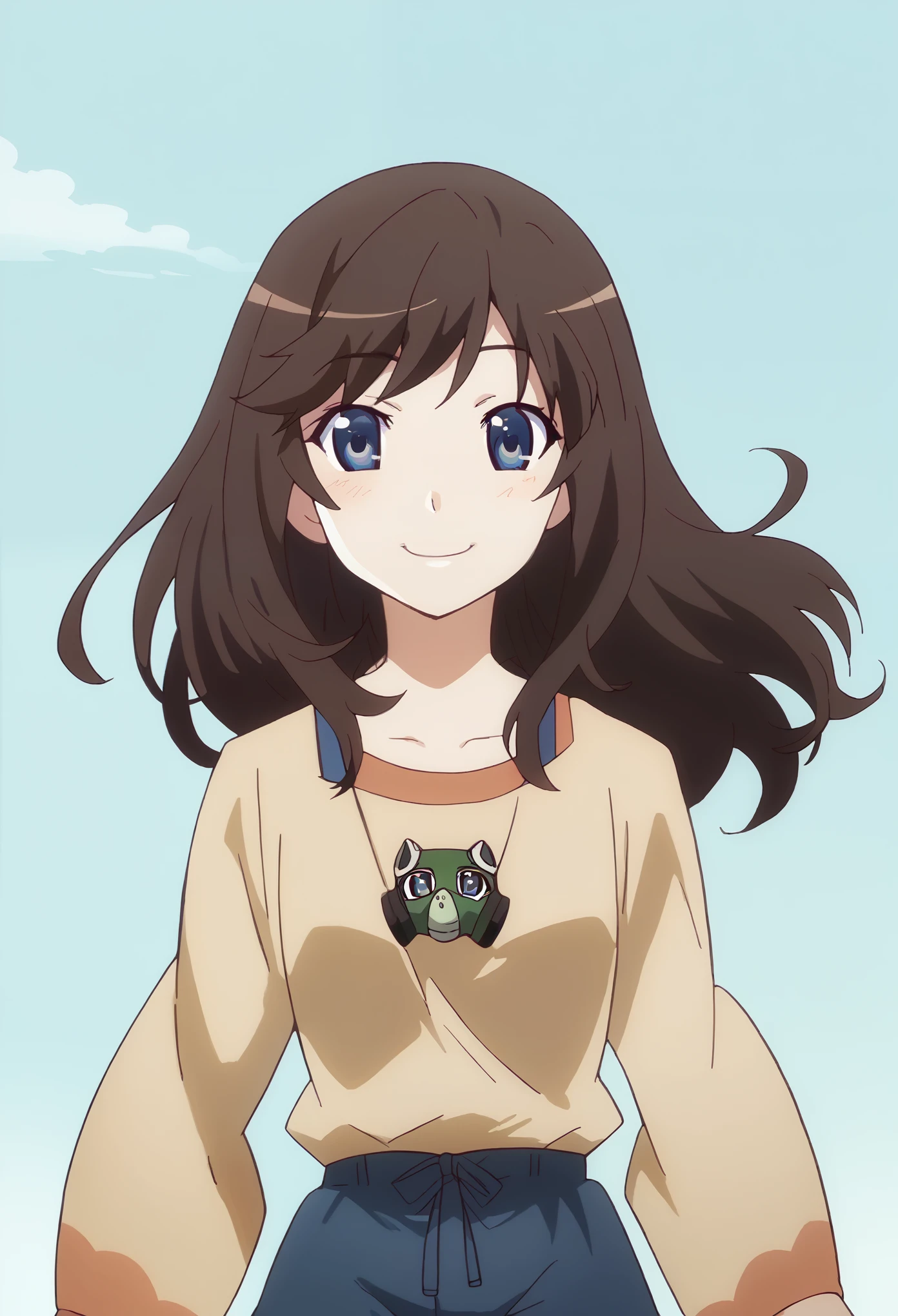 1 girl, Brown long hair, blue eyes, smiling, teenanger, happy, cute, floating hair,wearing gasmask 