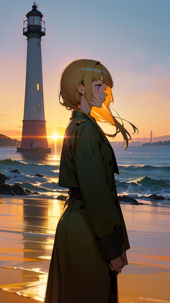 1 girl、alone、impression、(Oil)、Green and orange tones、blonde、Blunt bangs、Straight hair、Purple eyes、one piece、Long sleeve、profile、smile、Cowboy Shot、Golden hour sky、Near the lighthouse