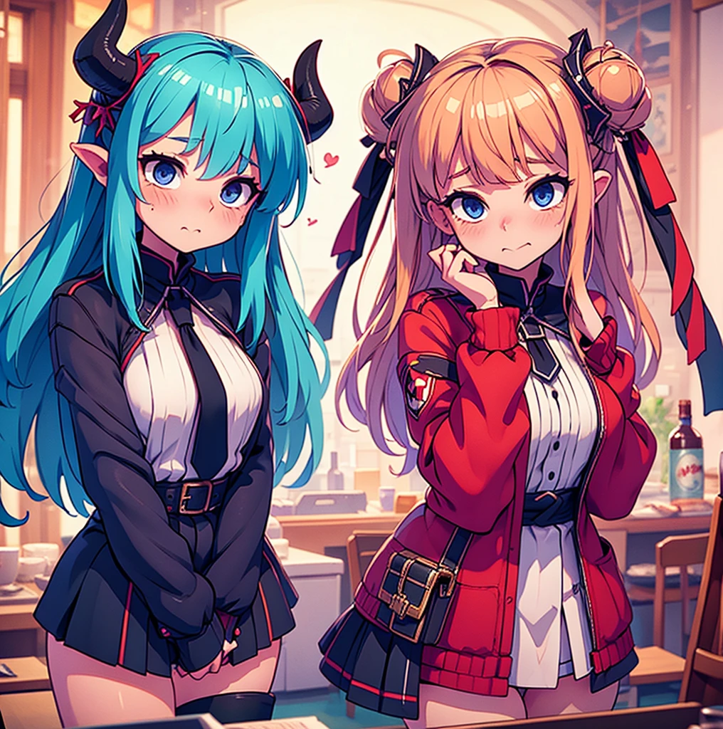 the girl in heat has two horns tied flat chest, as well as two hands on her flushed lewd face