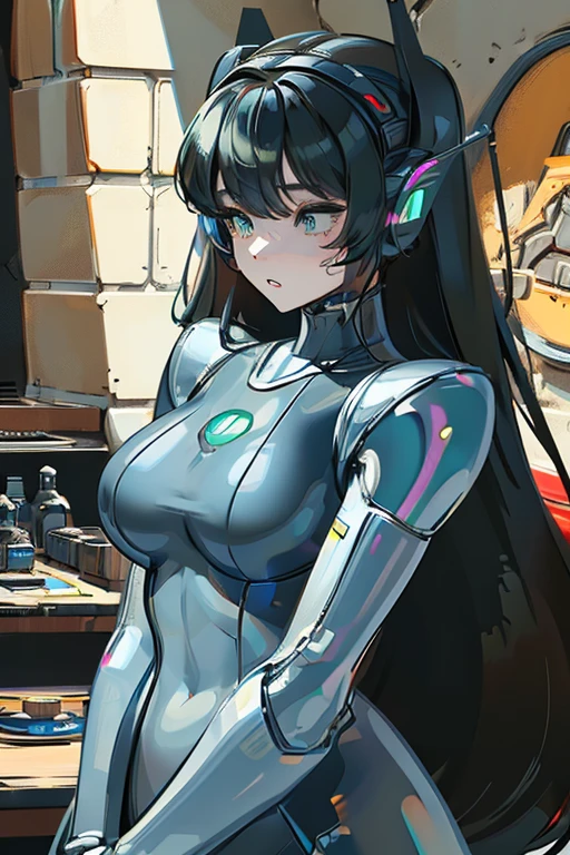 (masterpiece),(Highest quality),(Super detailed),(Best illustrations),(Best Shadow),(Absurd),(Detailed Background),(so beautiful), 16K, 8K, 4K,(Best Shadow),empty eyes,robotization,woman ,big bust,Robot Joint ,Metal skin,Black Suit,long hair,a black suit that covers the whole body,robot hand,cyber bodysuit,metal cat ear,robot miku