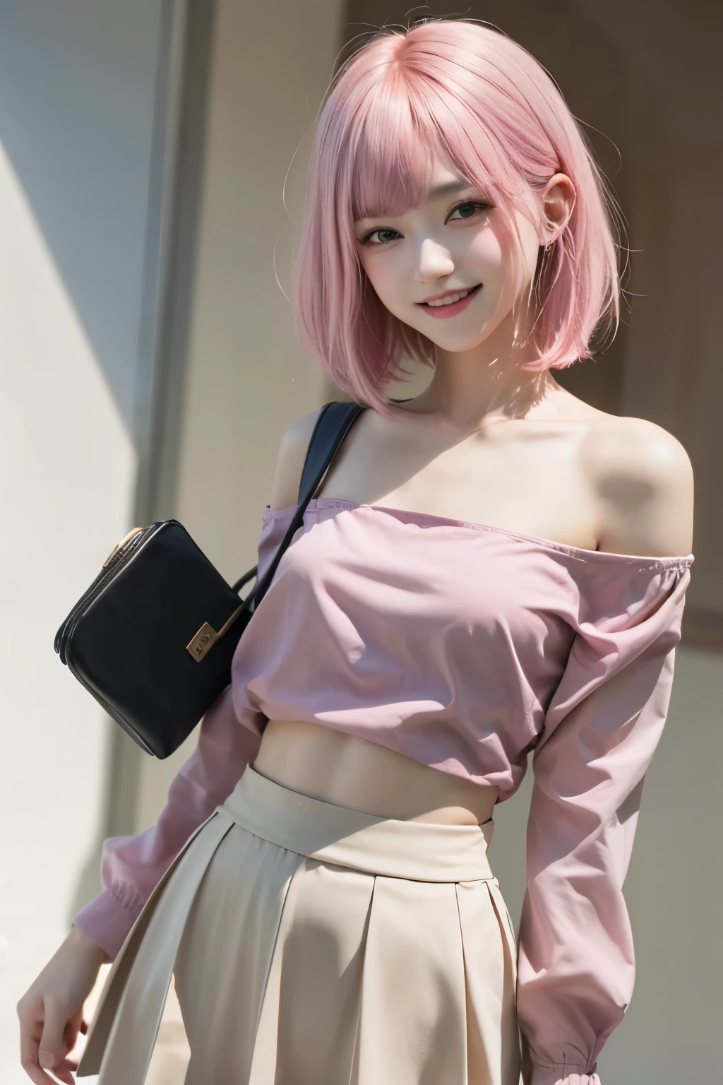 (8K, top-quality, masterpiece:1.2), ( Super Detail), (One girl), (Highly detailed), (beautifully detailed eyes), (of the highest quality), (super detailed ), (masterpiece), (Detailed face), ((pink hair,)), blunt bangs, bob cut, medium breasts, clothed, Perfect Lighting, BREAK, cotton blouse, pleated skirt, ballet shoes, small shoulder bag BRAKE, (cowboy shot:1.3), (aroused smile:1.1), (white background:1.1)