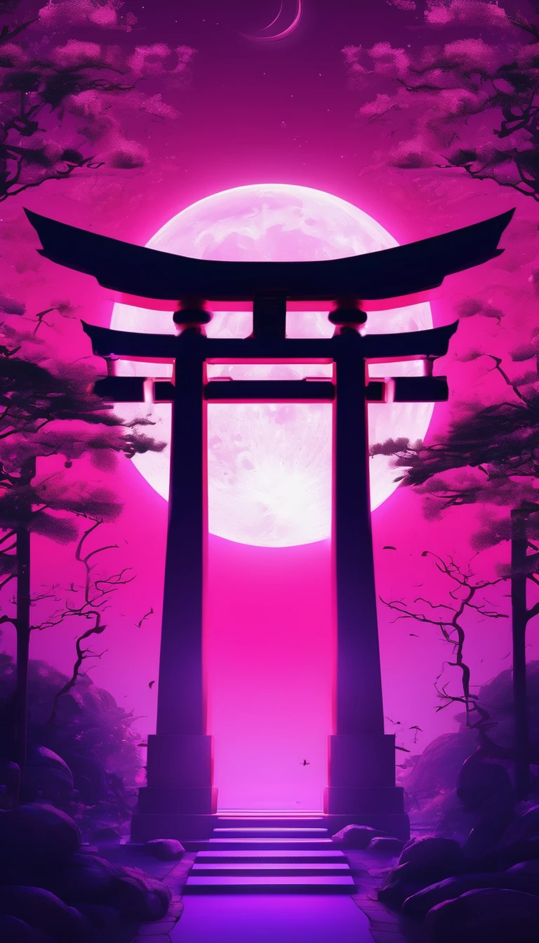 Shrine torii gate、in the center，Big Pink Moon、Very bright color, Particles of light, The light shines, disaster, Wallpaper Art, UHD wallpaper、Purple background、mysterious、Impersonal、full moon、