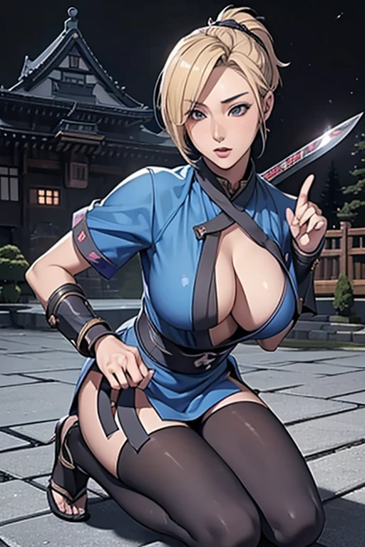 Highest quality,Ultra HD,Best AI Images, Full body photo,(Beautiful face like a Japanese actress), ((Blonde 1.2)),Japan no Kunoichi, Covert behavior, Female Ninja, ((Dagger fight scene)),(Dagger fight scene1.3),portrait of japanese woman, , Trending on deviantart, ((Grey short ninja costume 1.5)),((Sexy Kunoichi,Big Breasts)), Japanese spy, Cel animation style, (Beautiful Face 1.5), Key Visual, Vibrant,(((Night Castle Background 1.5))), Very detailed, growing up,