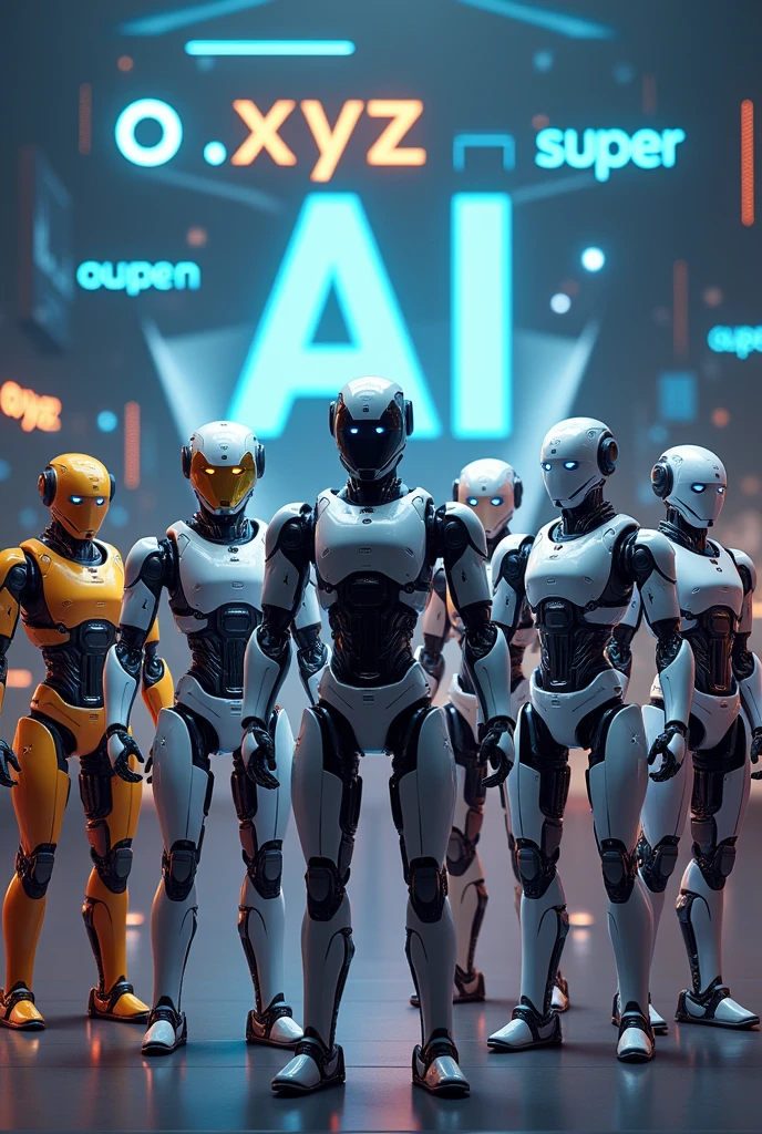 Create a vibrant image featuring a diverse group of futuristic AI robots, each showcasing unique designs and characteristics that reflect advanced technology. The robots should be engaging in various dynamic poses, conveying a sense of teamwork and collaboration. Prominently display the letters "O.XYZ" in a sleek, modern font, integrated seamlessly into the scene. For the background, use a large, expansive design that includes the words "Open AI" and "Super AI" in bold, eye-catching letters. The overall color palette should combine neon blues, greens, and metallic shades to emphasize a high-tech atmosphere, with subtle circuit patterns fading into the backdrop to enhance the futuristic theme.