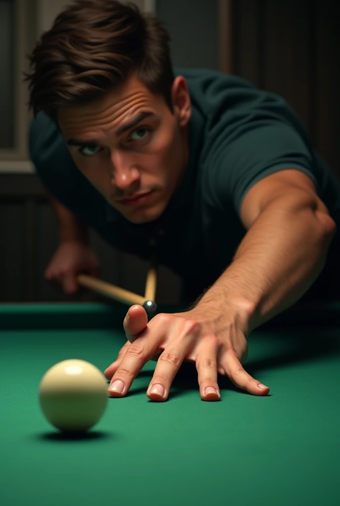 playing billiards, show the hands only holding the stick, man, 23years old, handsome hand, realistic 