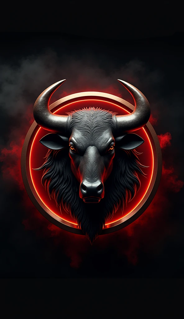 A Logo very large and sturdy black bull head logo with very sharp horns is in a copper circle, with a red smoky background which is very realistic and photographic.