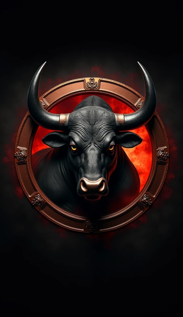 A Logo very large and sturdy black bull head logo with very sharp horns is in a copper circle, with a red smoky background which is very realistic and photographic.