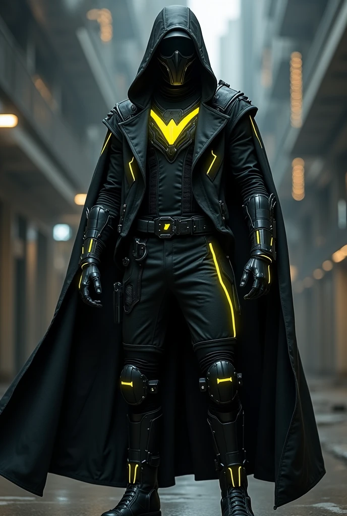masked heroes high tech hero with black mask, black tactical suit and cover with black long trench coat with many neon yellow lining pattern, yellow neon EYE and with neon yellow lightning logo on his chest